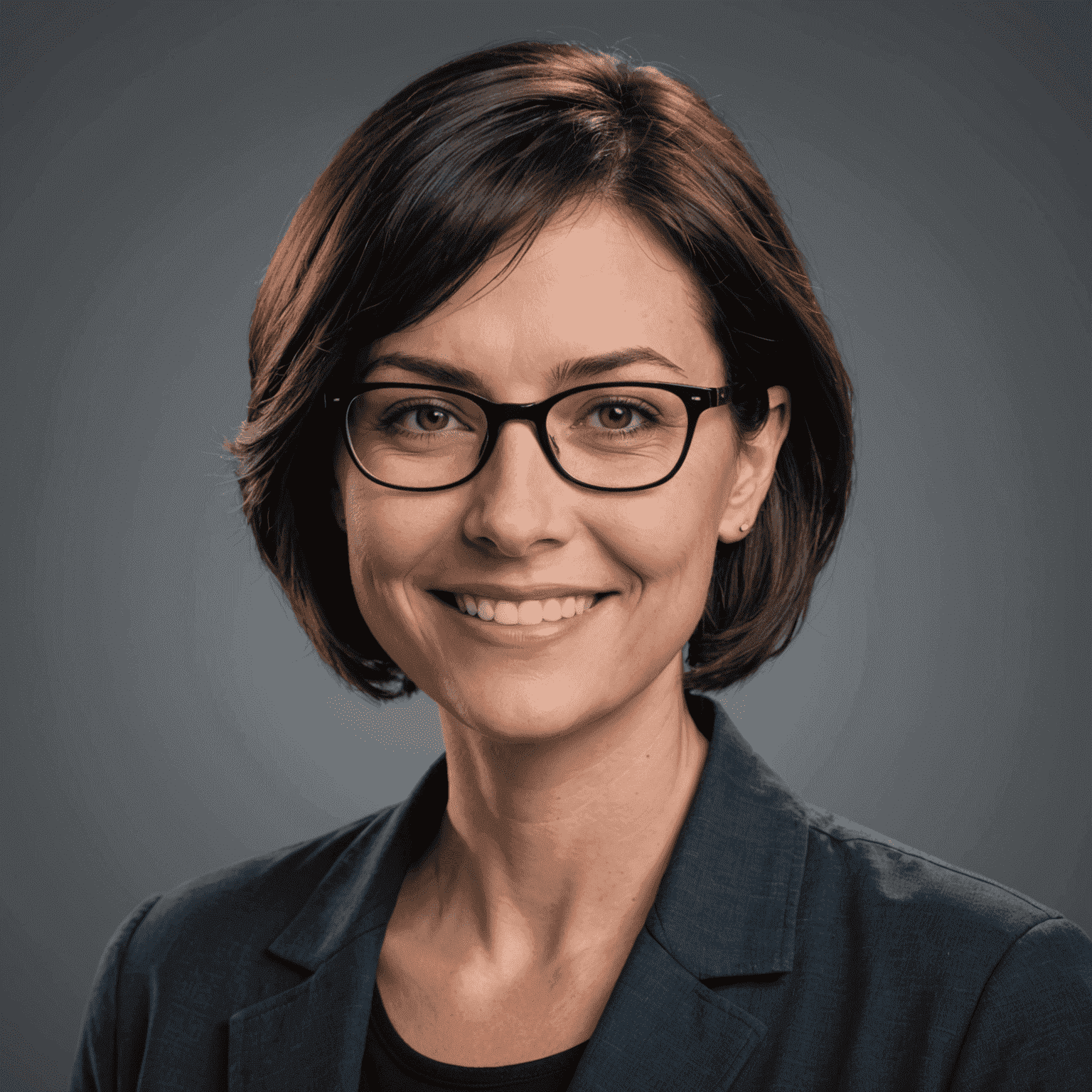 Jane Doe, Lead Video Editor - A professional woman in her 30s with short dark hair and glasses, smiling confidently at the camera