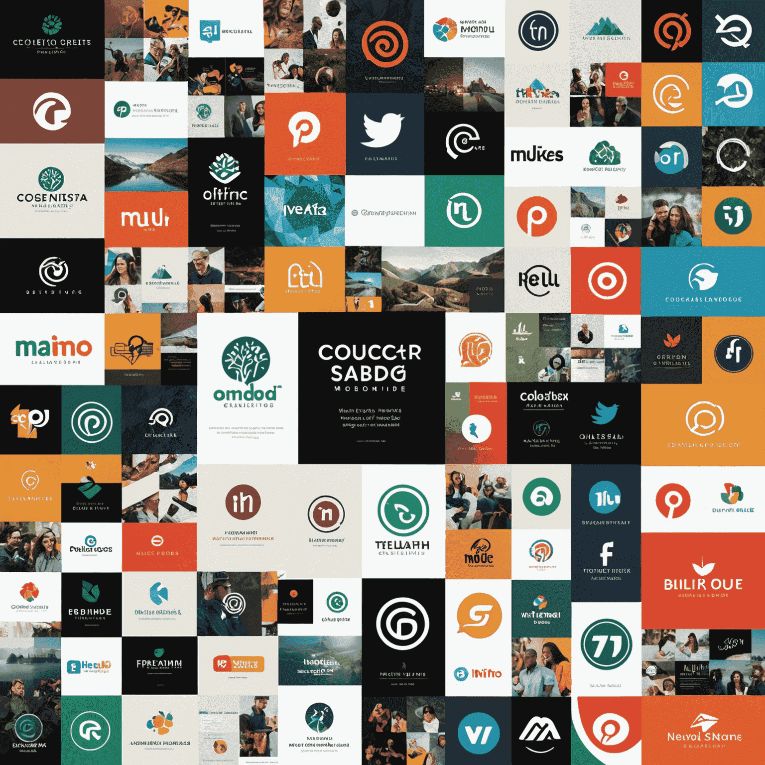 A collage of digital branding elements including logos, social media profiles, and website designs, showcasing a cohesive brand identity across various platforms