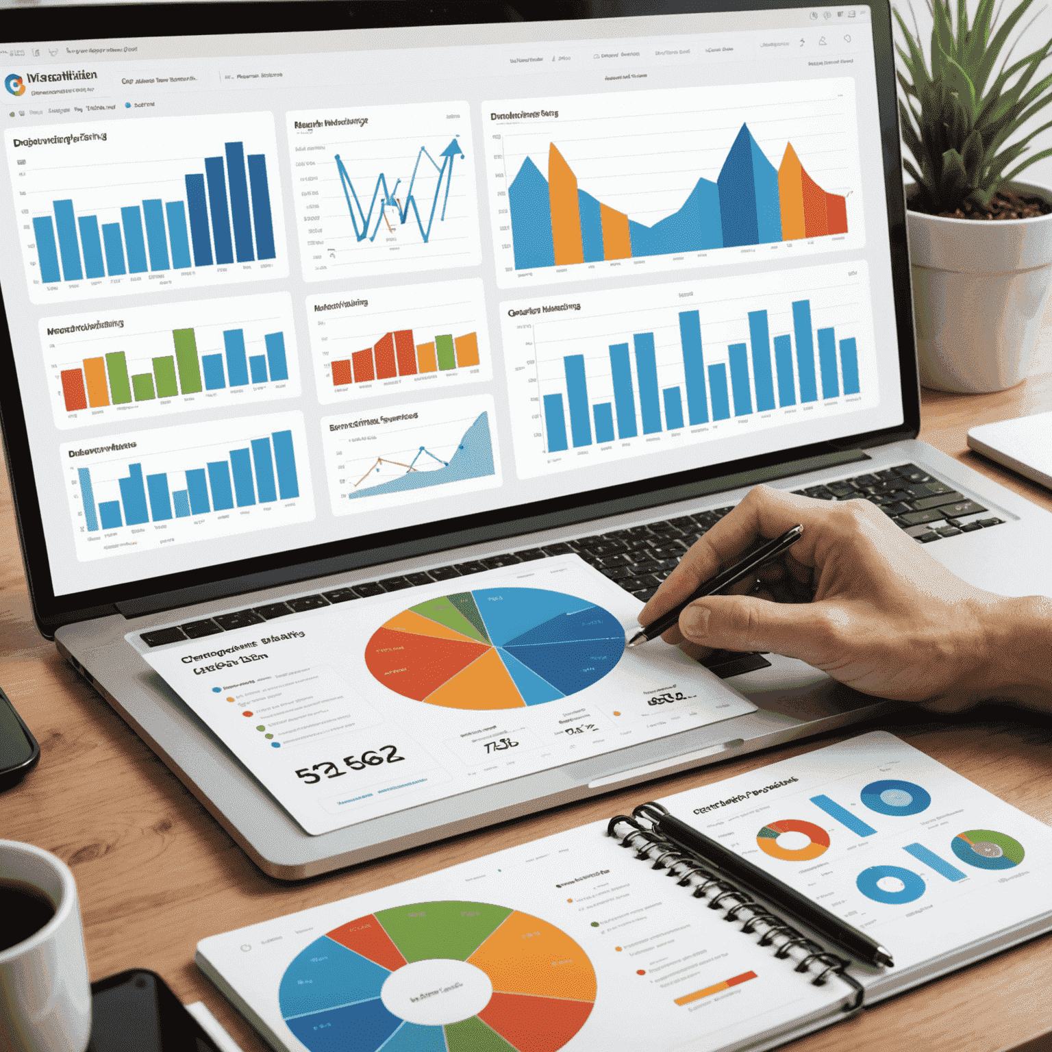 Data visualization dashboard showing various digital marketing metrics and ROI charts