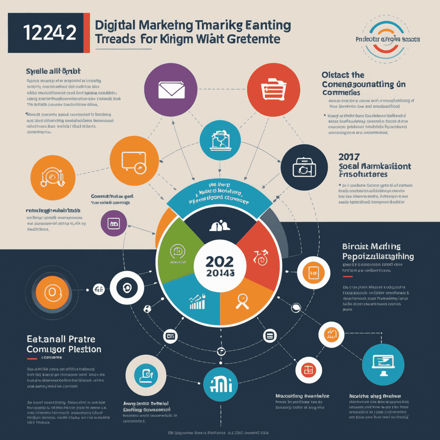 Infographic showing 5 key digital marketing trends for 2024, including AI, video content, voice search, personalization, and social commerce