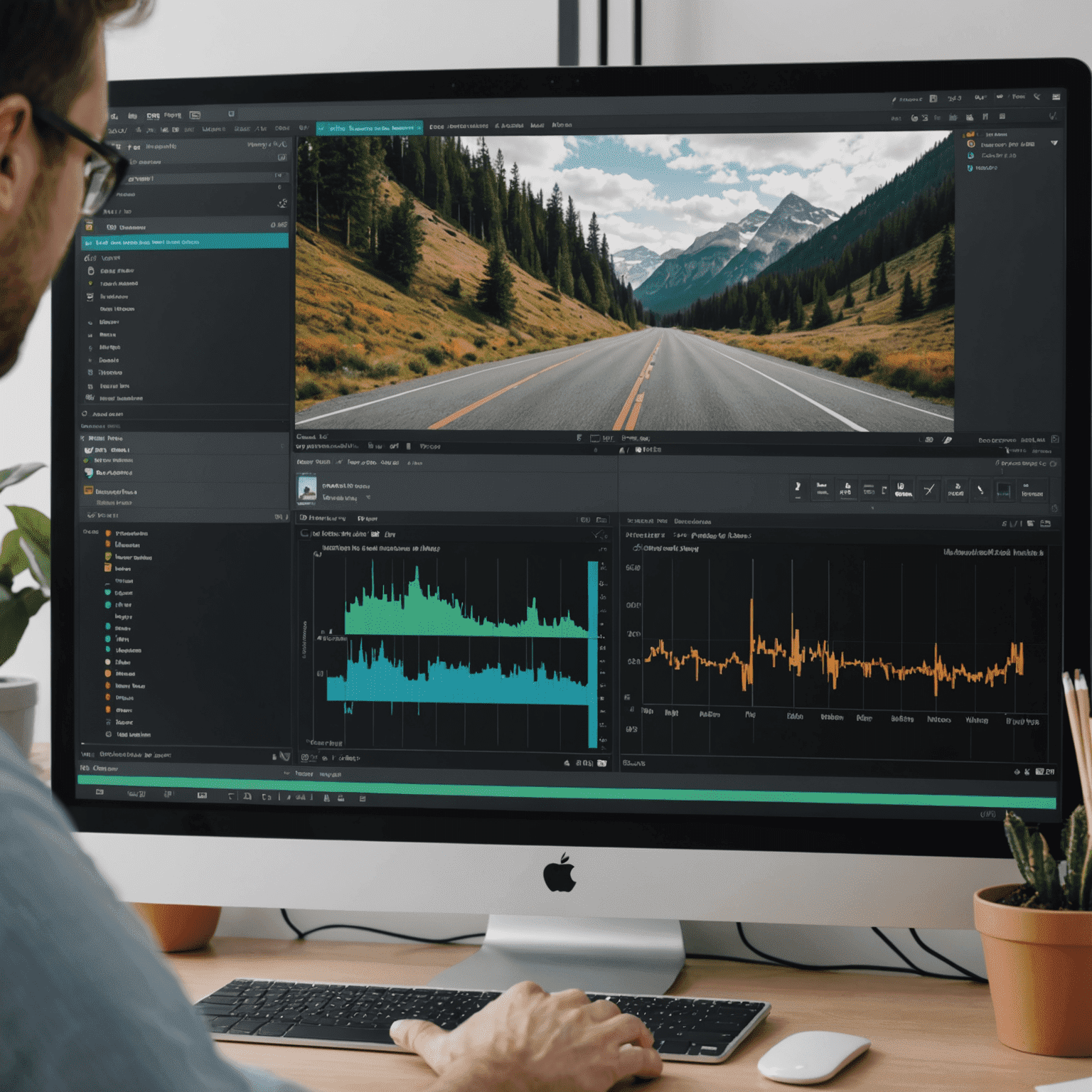 A split-screen showing before and after of video editing process, with data analytics overlay