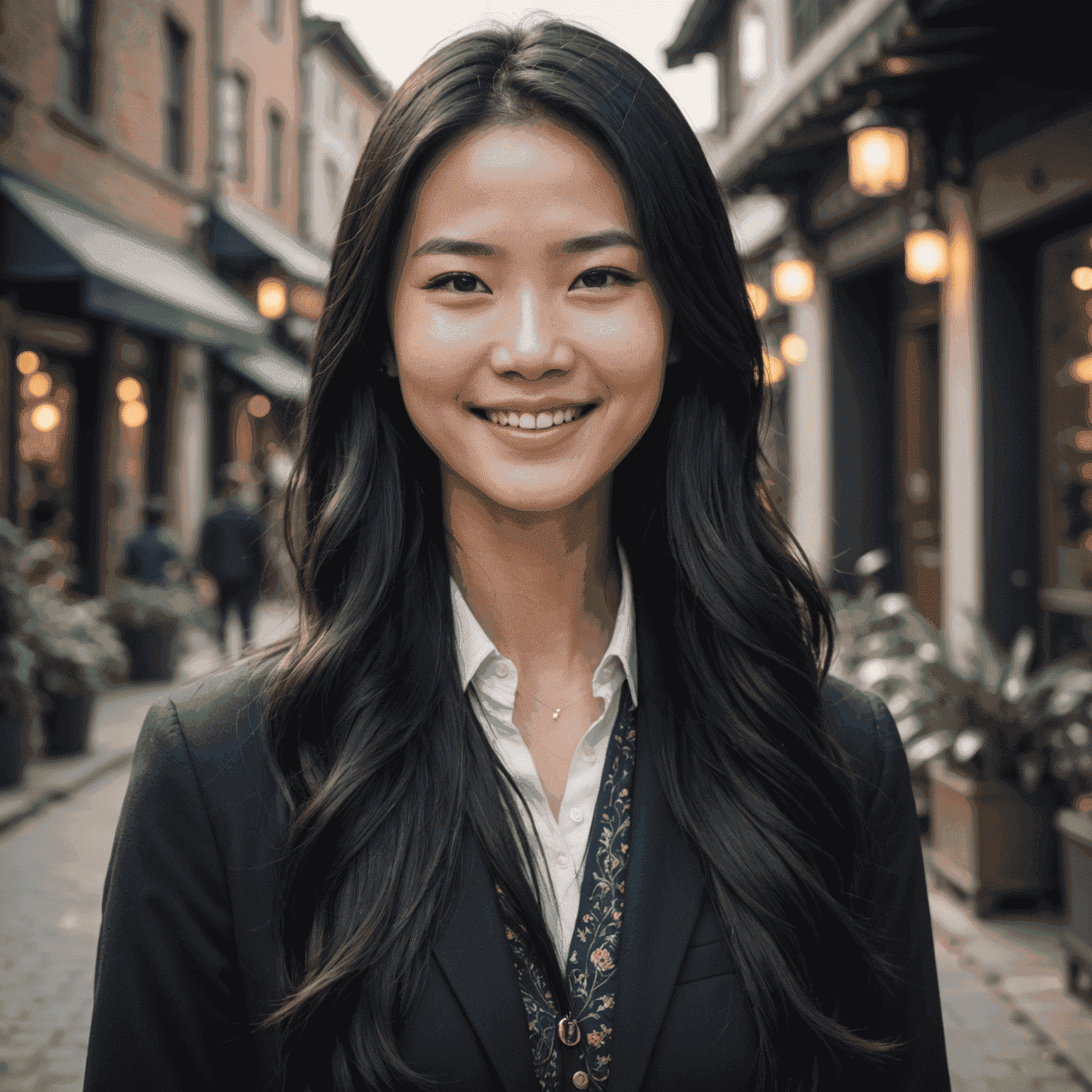 Emily Chen, Video Creation Expert - A young Asian woman with long black hair, wearing a creative yet professional outfit, smiling warmly