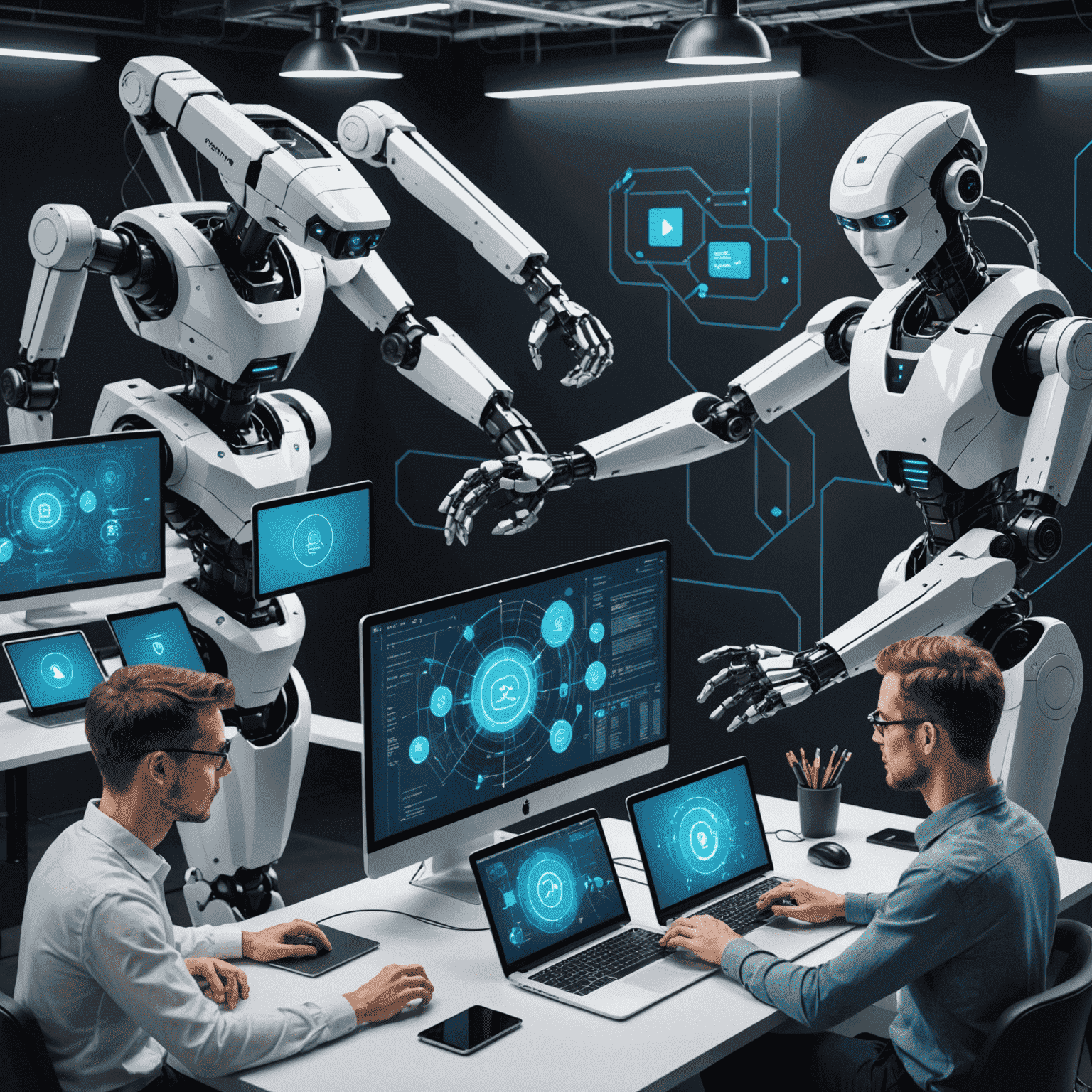 An illustration showing AI integration in web development, featuring robotic arms working on code, chatbots interacting with users, and machine learning algorithms analyzing user behavior. The image emphasizes the futuristic and innovative aspects of AI in web development.