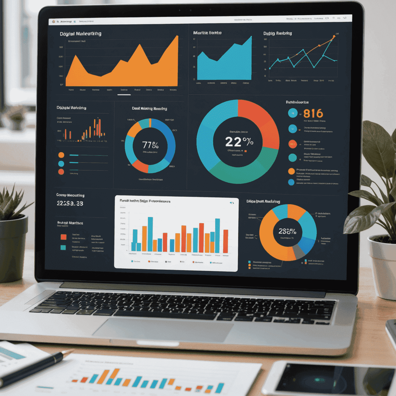 A dashboard displaying various data analytics metrics, charts, and graphs related to digital marketing performance. The image includes ROI calculations, conversion rates, and campaign effectiveness visualizations, emphasizing the data-driven approach to digital strategies.